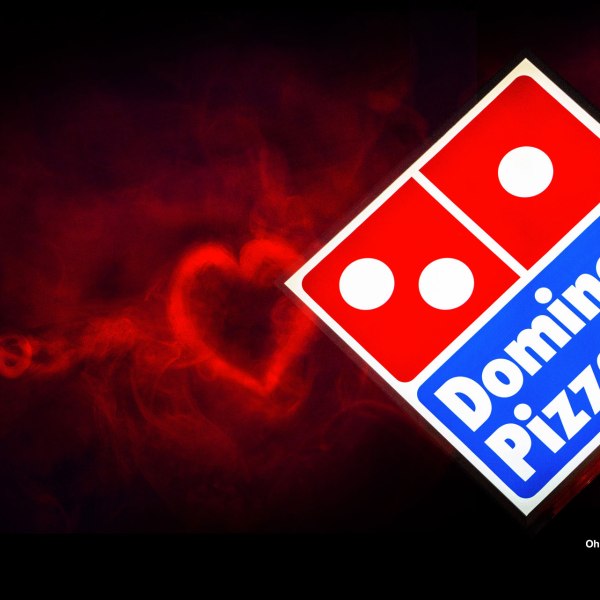 Dominos Pizza Sign and heart smoke ring - I love pizza